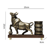 Pen Holder with Bull Statue Decorative Bull Statue Pen Cup Desk Organizer Metal-Finish Sculptural for Collectors, Office, Study