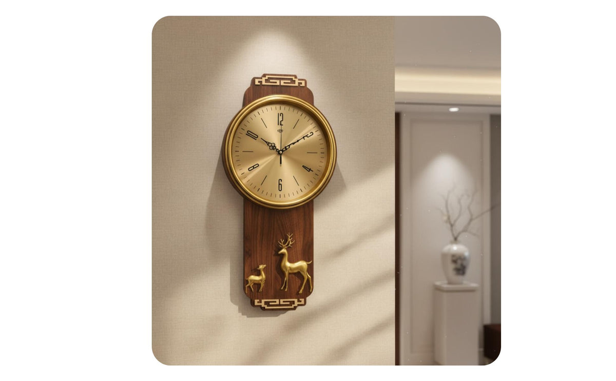 Chinese Theme Wall Clock Solid Wood Frame Decorative Crystal Clock Copper Accents Home Decor for Living Room, Bedroom, Hallway