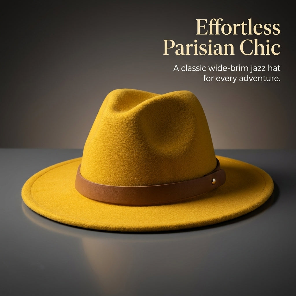 Sun Hat for Women with Vintage Belt Buckle Detail, Wool Felt Fedora with Conical Crown Design, Wide Brim Beach Wear and Outdoor Style