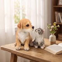 2 Pieces Puppy and Kitten Statue Outdoor Resin Garden Ornament Dog Statue Weatherproof Dog Figurine Hand-Painted for Pet Lovers