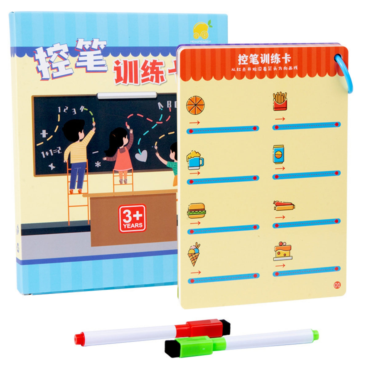 Reusable Writing Practice Card Book Lined Pages Wipe-Clean Practice Cards Picture Prompts Tracing Card Book Loop Bound for Children, Home Learning, Classroom