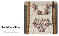High Waist Ruffle Bikini Modest Coverage Floral Print Bikini Set Vintage Influenced High Waisted Floral Swimsuit for Moms, Adults, Beach, Resort