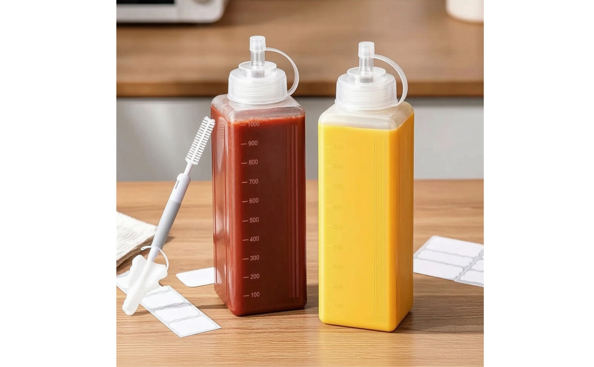 2 Pieces Graduated Condiment Press Bottle with Wide Mouth Clear Press Bottle with Nozzle Rectangular Container Refillable for Home Cooks, Grill Masters, Kitchen Organization, Barbecue, Meal Prep