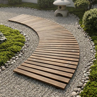 Curved Garden Walkway Slatted Carbonized Wood Panel Curved Wood Walkway Brown Outdoor Flooring Closely Spaced for Landscape