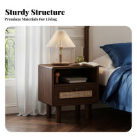 Retro Aesthetic Nightstand with Rattan Drawer Minimalist Design Rattan Front End Table Ample Storage Household Furniture Raised Legs for Homeowners, Renters, Students, Bedroom, Small Areas, Guest Room, Apartment