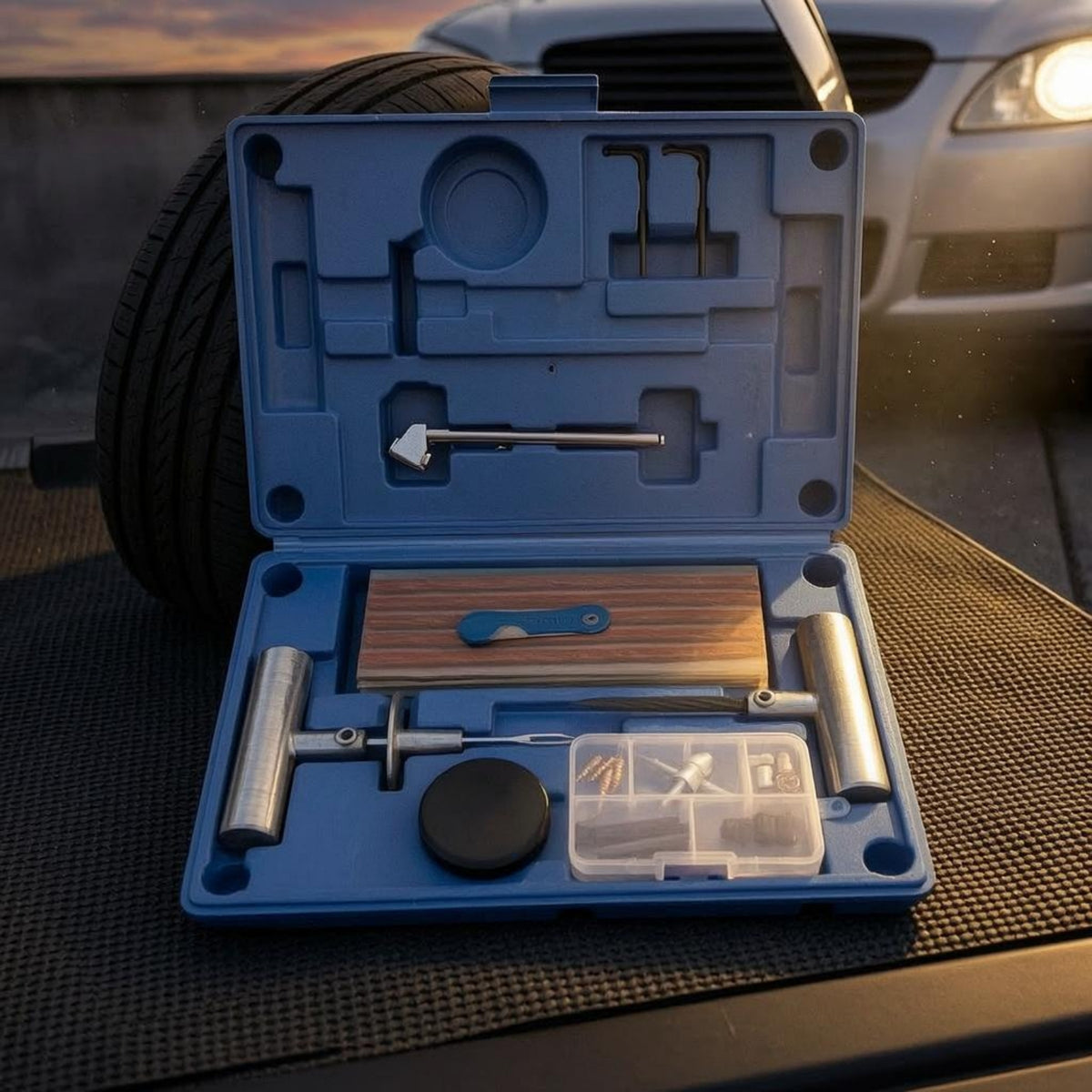 Blue Vacuum Tire Repair Kit Molded Interior Tire Plug Kit Fitted Compartments Roadside Tool Easy to Use