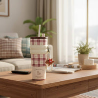 Portable Wrist Strap Large Capacity Insulated Cup Plaid Pattern Tumbler Drinkware for Office, School