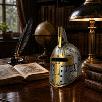 Raised Crest Spartan Helmet Statue Silver and Gold Antique-Style Helmet Ornament Distressed Finish Perforated Panels for Home Display