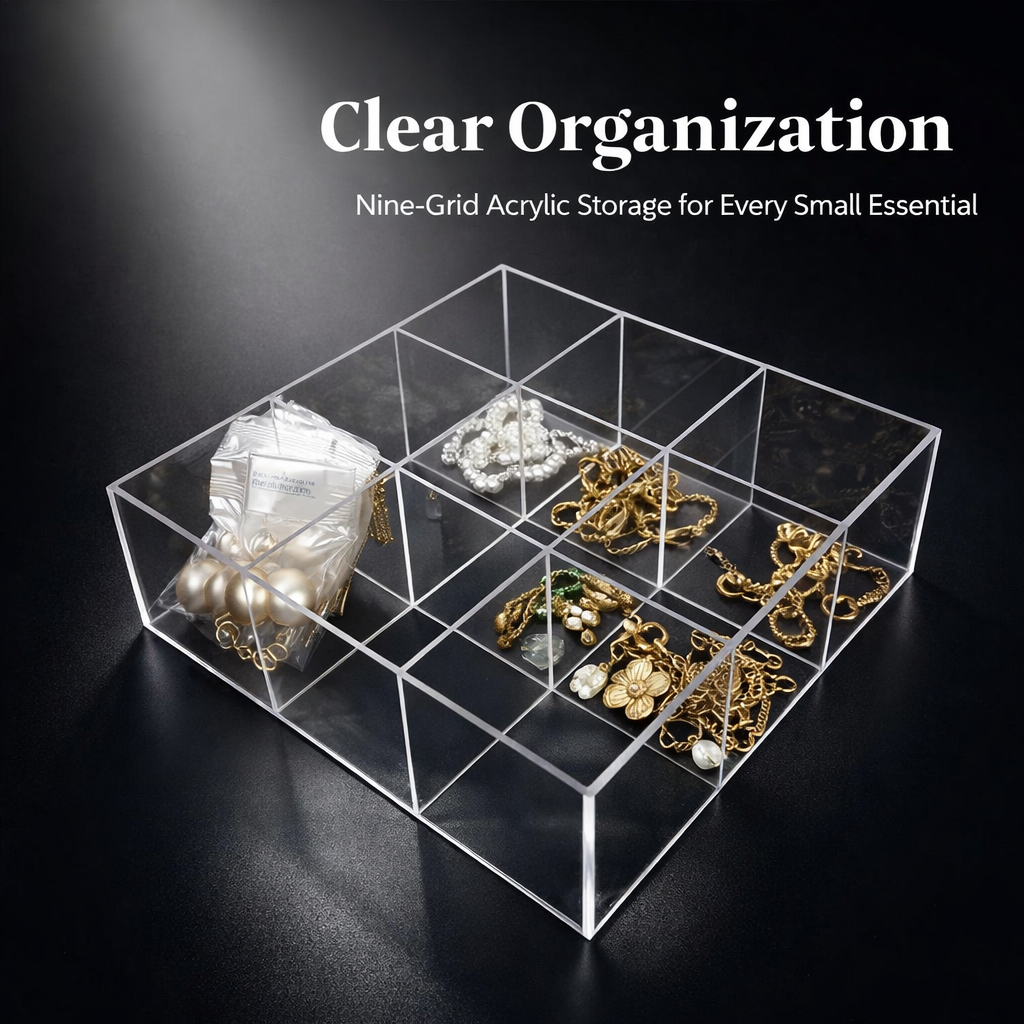 Storage Box with Compartments, Clear Acrylic 9 Grid Organizer, for Nail Polish and Jewelry for Technicians