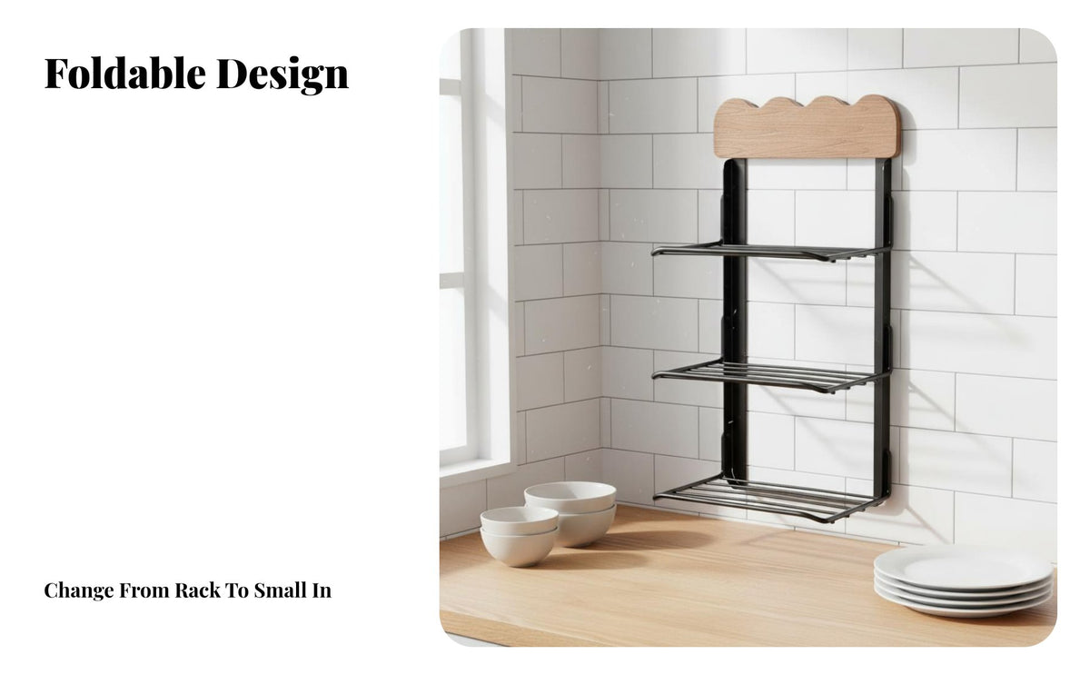 Multi-Tier Foldable Ingredient Rack Space-Saving Kitchen Organizer Strong Load-Bearing Wall Shelf Raised Guardrail for Home Cooks, Apartment Dwellers, Food Enthusiasts, over Countertop, Pantry
