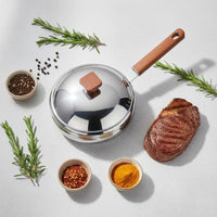 Steel Pan with Lid Versatile Uncoated Skillet with Wood Handle for Kitchen