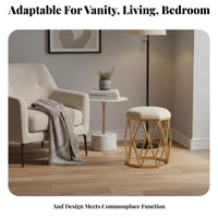 golden-hued Frame Upholstered Round Stool with Metal Legs Padded Seat Upholstered Vanity Stool Soft paddinged Top Household Furniture plush fabric Upholstery for Beauticians, Apartment Dwellers, residents, Makeup Room, Bedroom, Nail Salon, Entryway