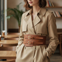 Leather Overcoat Waist Belt with Buckle Stretchy Wide Elastic Waist Belt Vintage Classic for Coats
