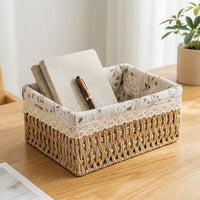 Storage Basket with Liner Handwoven Basket with Textile Liner Hand-Woven Rectangular Storage Box for Shelves, Bedroom, Living Room