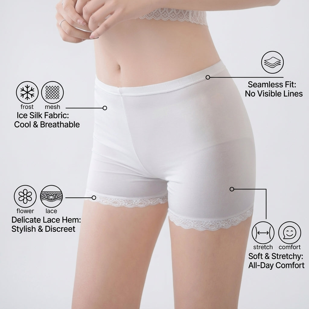 Underwear Women Boyshorts with Ice Silk Cooling Material for Under Dress, Shorts Cycling Style with Lace Trim, Anti Chafing Comfort