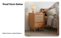 Japandi Design Rattan Door Accent Cabinet Minimalist Design Rattan Door End Table Small Space Solution Nightstand Versatile Usage for Apartment Dwellers, Home Decorators, Homeowners, Bedroom, Living Room, Entryway