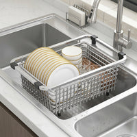 Dish Rack and Dish Drainer with Kitchen Utensil Holder, Adjustable Stainless Steel Sink Drainer, Space Saving Over Sink Drain Rack for Cutlery