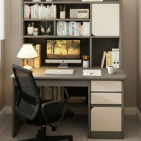 Spacious Desktop Computer Desk with Bookshelf Sturdy Construction Study Table with Storage Shelves Long-Lasting Material Desk with Hutch Paint-Unfinished Finish for Students, Bedroom, Dorm Room