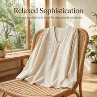 Long Sleeve Tops for Women with Embroidered Floral V-Neck Design, Linen Blend Blouse for Casual Everyday Wear and Going Out, Back Tie Detail