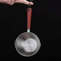 Wooden Handle Hot Oil Pouring Pot Multi-Purpose Small Oil Heating Pot Stainless Steel Mini Saucepan for Home Cooks, Kitchen