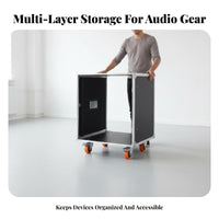 Locking Casters Mobile Audio Rack Heavy-Duty Construction Rolling Equipment Rack Reinforced Steel Corners Rolling Equipment Flight Case Built-in Handles for DJs, Musicians, Touring, Stage, Live Performance