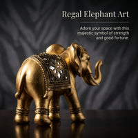 Golden Resin Elephant Statue Feng Shui, Raised Trunk Elephant Statue Home Office Ornament, Sculpture Feng Shui for Living Room Accent