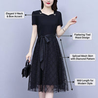 Summer Dress for Plus Size Women with Mesh Panel Overlay, Elegant Midi for Wedding Guest and Business Casual