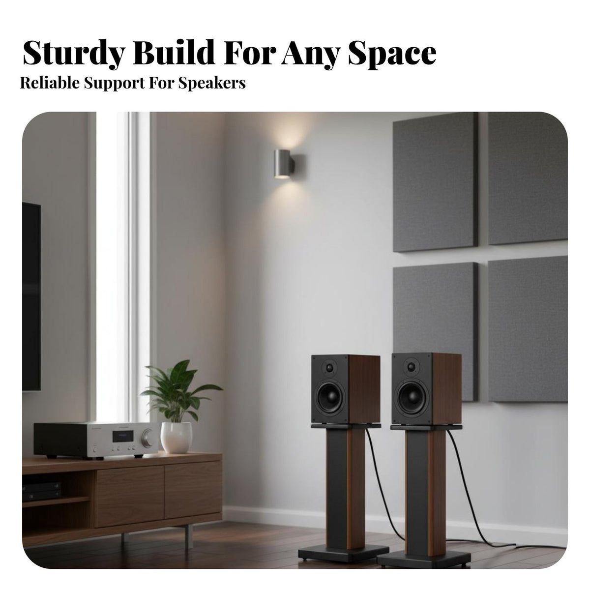 2 Pieces Sand-Fillable Bookshelf Speaker Stand Shock-Absorbing Floor Speaker Stand Wood Grain Finish Home Entertainment Furniture Enhanced Stability for Audiophiles, Media Room