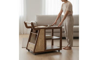 Solid Wood Mobile Side Table with Rattan Multi-Layer Storage Wooden Rolling Cart with Handle Movable 2-Tier Utility Trolley Large Capacity for Living Room, Kitchen, Home Bar