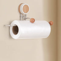 No-Drill Installation Paper Towel Holder Rust-Proof Kitchen Roll Dispenser Long-Lasting Stainless Steel Wall Mounted Paper Towel Rack Solid Wood Accents for Renters, Bathroom, RV