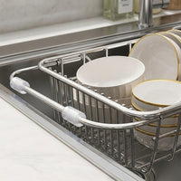 Stainless Steel Dish Rack and Telescopic Sink Basket, Bowl and Plate Rack with Coated Handles, Space Saving Modern Kitchen Accessory Over Sink