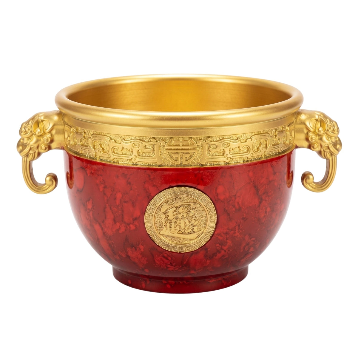 Elephant Handle Feng Shui Treasure Basin Gold Rim Copper Feng Shui Wealth Bowl Ornate Decorative Vessel for Living Room