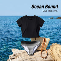 Swimsuit for Seaside Water Sports with Striped Pattern, Three Piece Bikini Set with Short Sleeve Top and Scarf