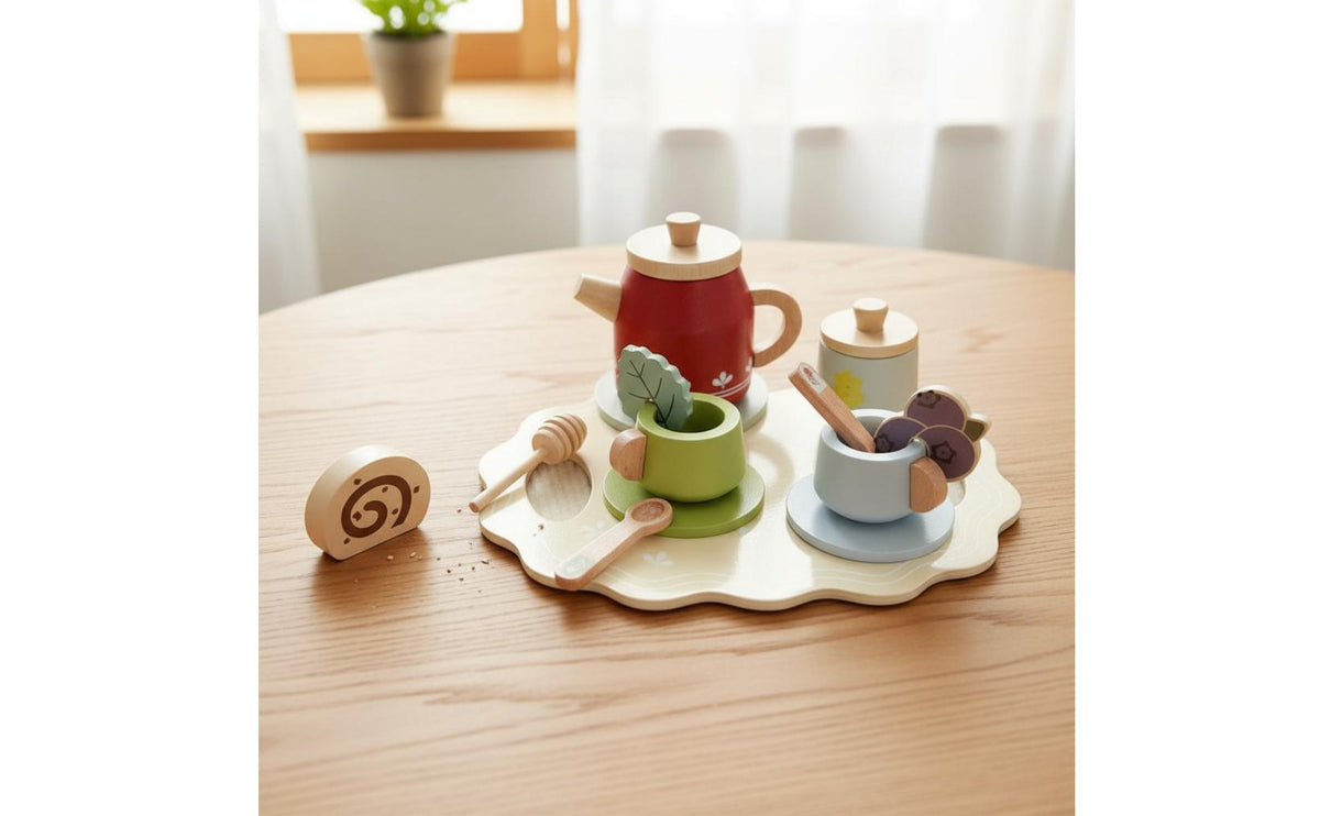 Nordic Look Pretend Tea Party Set Safe and Long-Lasting Wooden Play Tea Set Early Learning for Girls, Playroom, Nursery