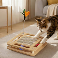Cat Scratcher with Teaser Wand Interactive Wooden Cat Play Platform Scratching Board Natural Wood Multi-Layer for Indoor Cats