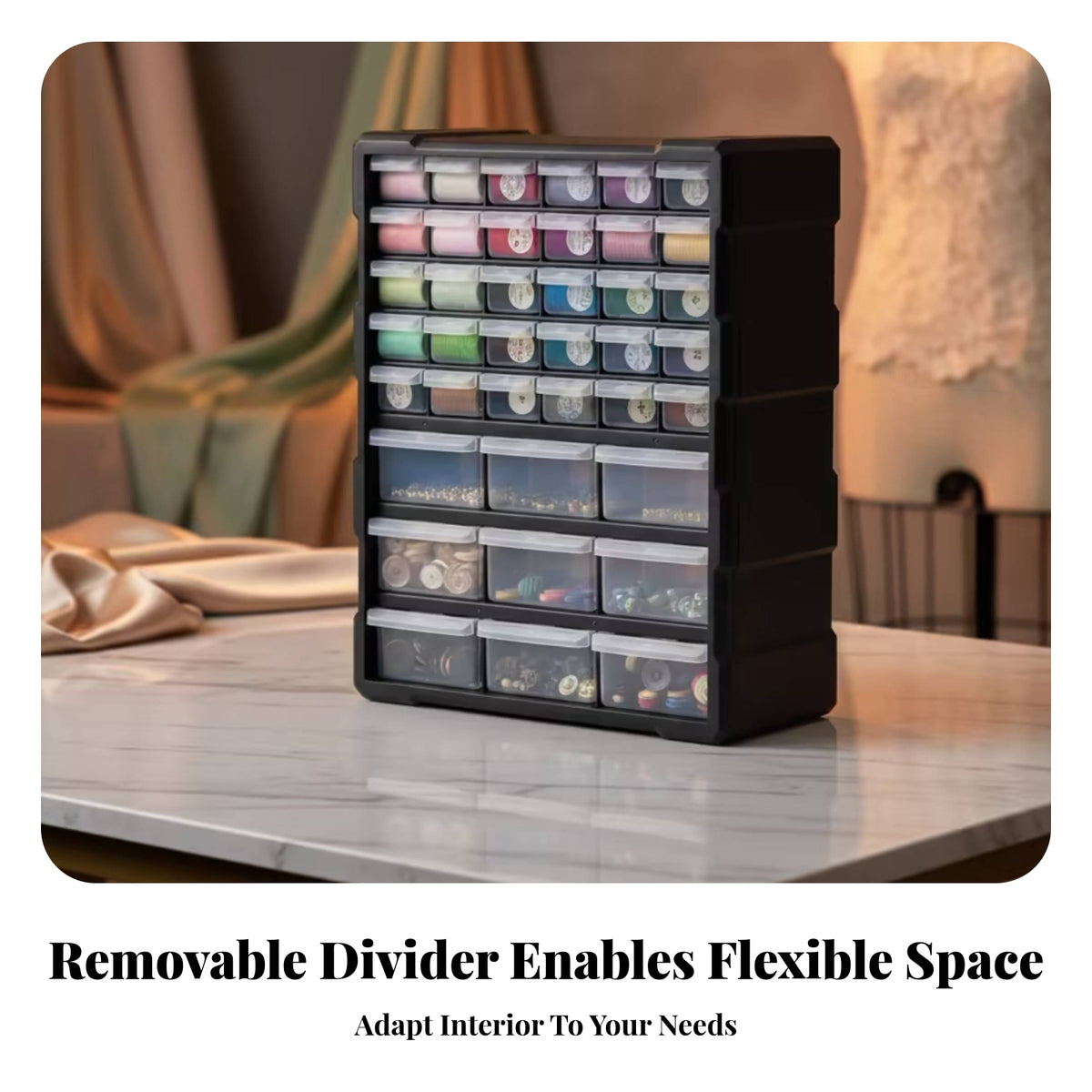 Removable Dividers 39-Drawer Cabinet Black Finish Transparent Drawer Cabinet for Workshop, Garage, Craft Room