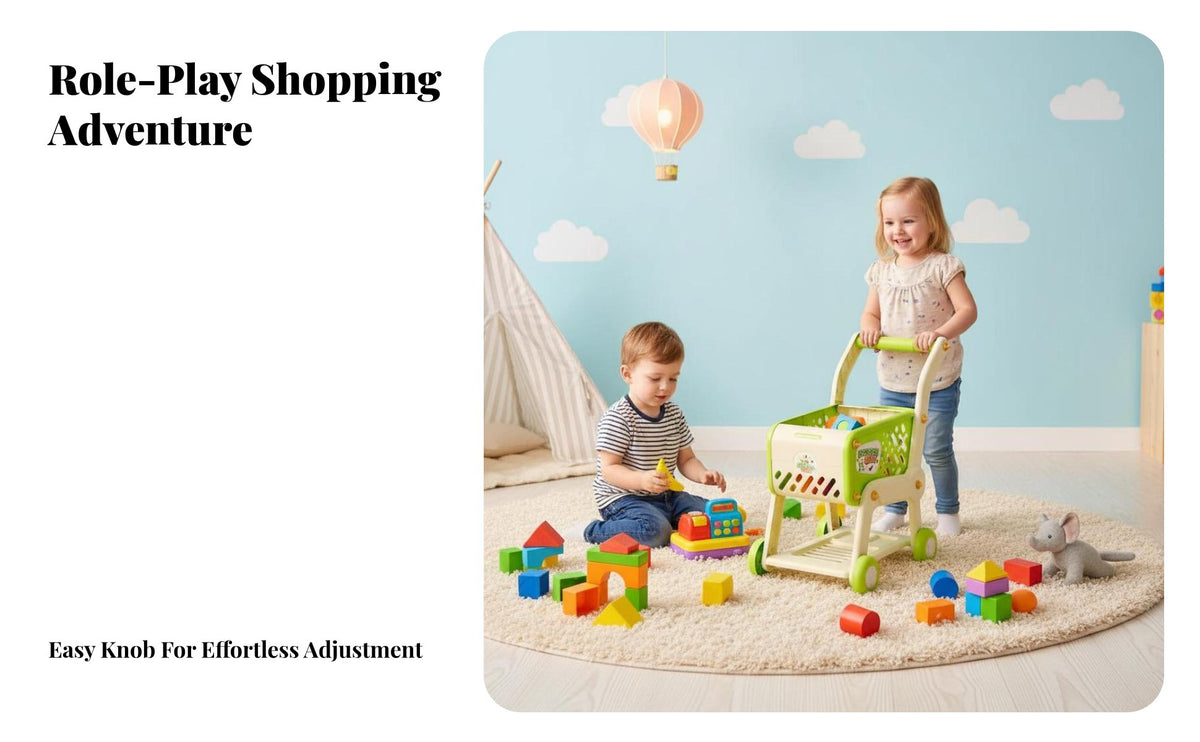 Role-Playing Game Toy Shopping Cart Safe Design Kids Shopping Cart Set Large Capacity Kids Grocery Trolley Effortless Rolling Wheels for Toddlers, Girls, Preschoolers, Kindergarten, Playroom, Home