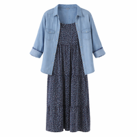 Denim Dresses for Women 2 Piece Outfits with Long Sleeve Shirt and Floral Print Dress, Plus Size Two Sets for Autumn Casual Wear