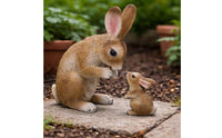 Molded Coat Texture Mother and Baby Bunny Statue Natural Finish Bunny Statue Painted Details Garden Decor Detailed for Courtyard
