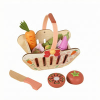 Pretend Fruit and Vegetable Basket Slatted Wooden Fruit Basket Toy  Print for Children