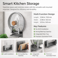 Cabinet Wall Mount Rack for Lid Storage and Pot Organizer, Aluminium Kitchen with Drainage Tray for Countertop
