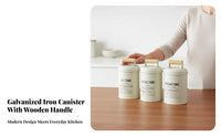 3 Pieces Metal Canister Wooden Handle Sealed Lid Tea Beverage Sweetener Canister Set Airtight Farmhouse Kitchen Jar Set