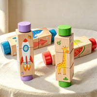 5 Pieces Early Learning Wooden Rotating Puzzle Smooth Cylindrical Block Puzzle Multicolor Picture Block Toy Hand-Held for Children, Kids