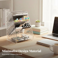 Transparent Slanted Pen Holder Multi-Functional Slanted Compartment Rack with Drawer Large Capacity Desk Organizer Space Saving for Students, educators, Artists, Study Room, School, Dormitory, Makeup Vanity
