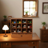 Solid Wood 12-Grid Display Case with Drawer Artisanal Look 1/6 Scale Doll Furniture Realistic Feature Miniature Display Cabinet Multi-Tier Shelves for Desktop
