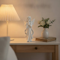 Angel Figurine with Flower Crown Tabletop Standing Angel Statue Figurine with Wings Desktop Sculpture White for Desk, Shelf