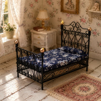 Dollhouse Bed with Mattress Wrought-Iron Style Miniature Double Bed Furniture Vintage Ornate for Doll Lovers