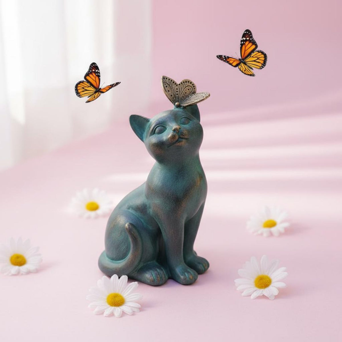 Cute Design Cat Butterfly Statue Weather Resistant Cat Butterfly Figurine Bronze Patina Finish for Bookshelf, Desk