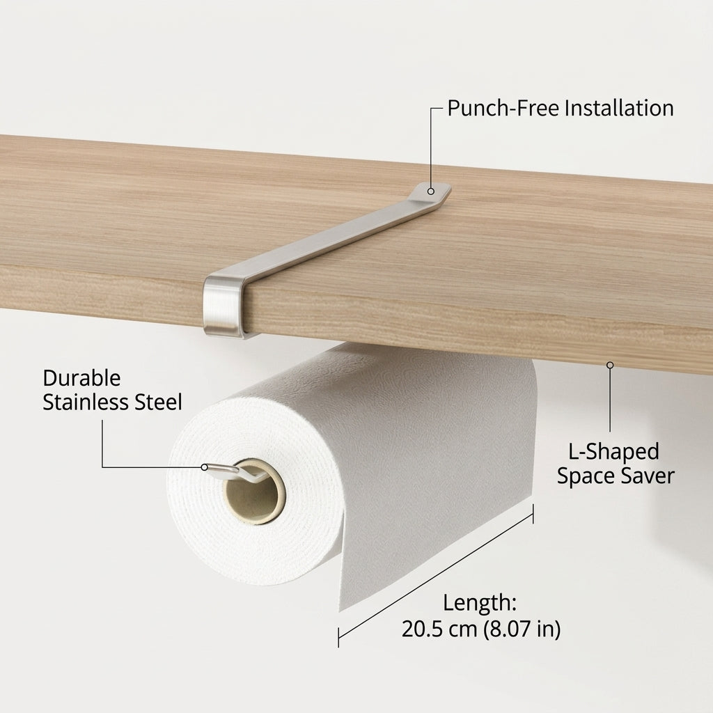 Cabinet Metal Hanging Organizer and Roll Holder for Under Storage, Kitchen Paper with No Drill Installation
