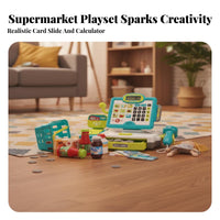 Real Calculator Function Pretend Supermarket Checkout Counter Immersive Role Play Toy Currency Register Set Early Educational Supermarket Checkout Toy Lights and Sounds for Girls, Preschoolers, Toddlers, Preschool, Playroom, Daycare, Bedroom